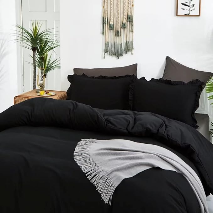 CLOTHKNOW Black Ruffles California King Comforter Set Farmhouse Bedding Comforter Sets Boho Comforter Shabby Chic Comforter with 2 x Pillow Cases