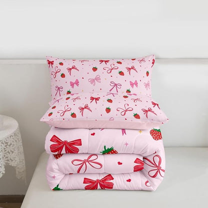 Feelyou Pink Bow Kids Comforter Set Full Size Cute Strawberry Bedding Set Kawaii Bowknot Duvet Quilt for Kids Boys Girls Bedroom Princess Decor Decor Microfiber Ultra Soft Breathable