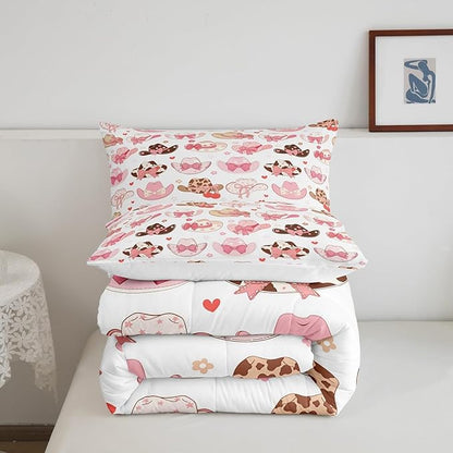 Feelyou Pink Western Decor Bedding Set Twin Size Cowboy Cowgirl Boots Comforter Set for Kids Boys Girls Decor Cute Bowknot Cherry Dreamy Princess Style Comforter Rodeo Cowboy Style Duvet Set