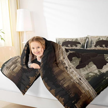 Feelyou Bear Comforter Set Wildlife Hunting Bedding Set for Kids Boys Girls Rustic Cabin Comforter Farmhouse Quilt Set Bedroom Collection 3Pcs King Size