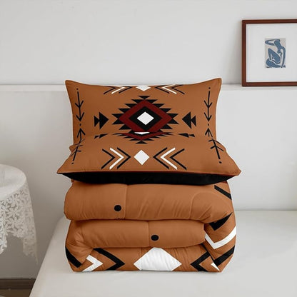 Full Size Western Aztec Bedding Set, Native American Navajo Comforter Set For Boys Adult Teens Men, Southwestern Geometric Duvet Insert Ethnic American Native Quilt Rustic Farmhouse Decor, Brown