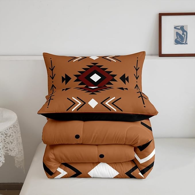 Toddler Size Western Aztec Bedding Set, Native American Navajo Comforter Set for Boys Adult Teens Men, Southwestern Geometric Duvet Insert Ethnic American Native Quilt Rustic Farmhouse Decor, Brown