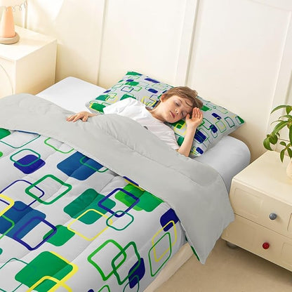 Erosebridal Green Geometric Toddler Comforter Set Abstract Minimalist Square Bedding Set Modern Aesthetic Stripes Comforter for Kids Girls Boys Color Block Grid Quilt Duvet