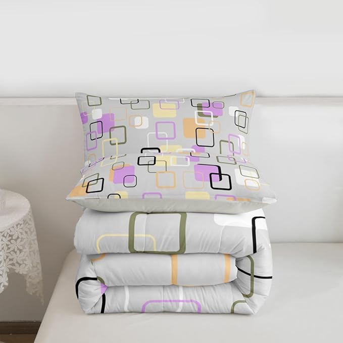 Erosebridal Retro Geometric Square Comforter Set Queen Pastel Purple Grey Plaid Bedding Set Modern Abstract Checkerboard Comforter for Kids Girls Boys Checkered Latticed Quilt Duvet