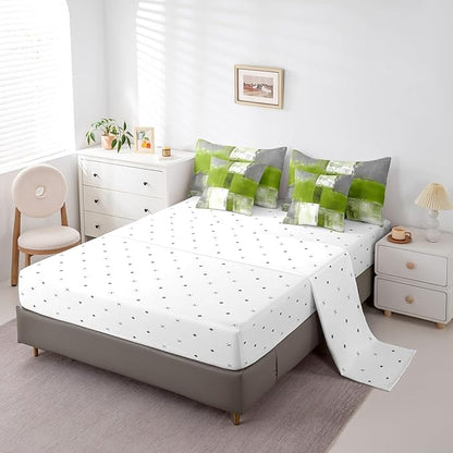Erosebridal Grass Green White Gray Bedding Comforter Sets 7pcs Abstract Bedding Set, Grunge Twin Size Comforter Set (1 Comforter, 1 Fitted Sheet, 1 Flag Sheet, 2 Pillowcases, 2 Throw Pillow Covers)