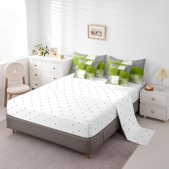 Erosebridal Grass Green White Gray Bedding Comforter Sets 7pcs Abstract Bedding Set, Grunge Full Size Comforter Set (1 Comforter, 1 Fitted Sheet, 1 Flag Sheet, 2 Pillowcases, 2 Throw Pillow Covers)
