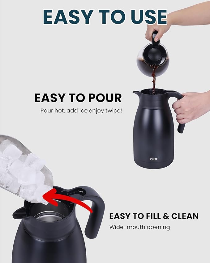 GiNT 51Oz Stainless Steel Thermal Coffee Carafe with Lid/Double Walled Vacuum Thermal Carafe / 12 Hour Heat Retention (Black, 1.5L)