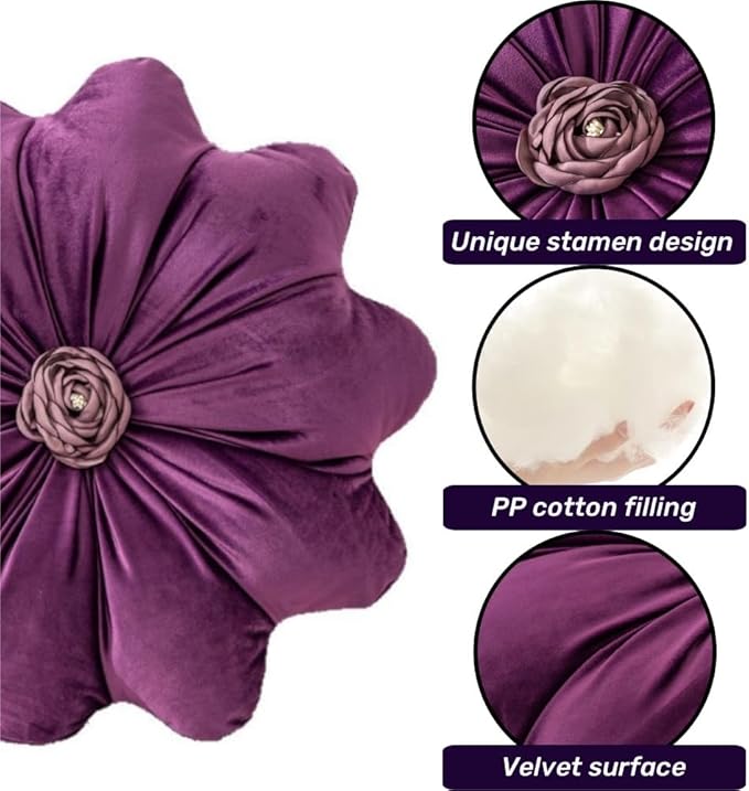 15.7 Inches Round Throw Pillows Velvet Flower Chair Cushion for Couch Sofa Chair Bed Home Decoration (Beige)