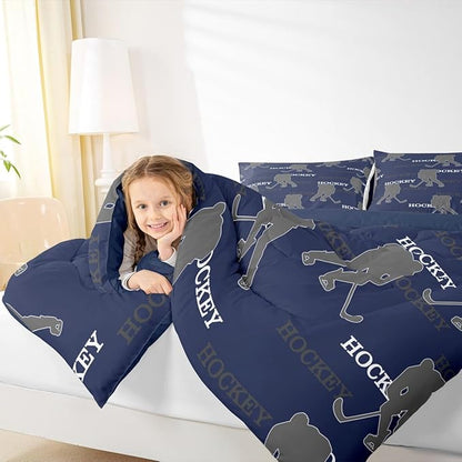 Manfei Hockey Players Girls Bedding Set Twin Size, Comforter Set,Competitive Games Teamwork Quilt Comforter Girls Boys Teens,Dark Blue Gray Room Decor All Season,1 Pillowcase
