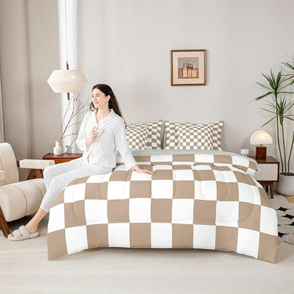 Feelyou Checkered King Comforter Set with Sheets for Kids Boys Girls Brown Plaid 7 Pieces Bedding Set Vintage Checkerboard Geometric Bed in a Bag Reversible Grey Room Decor Soft