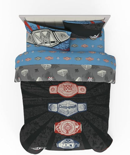 WWE Wrestling Full Bedding Set – 7 Piece Super Soft Microfiber Reversible Comforter & Sheet Set Featuring Championship Belts (Officially Licensed Product) by Franco
