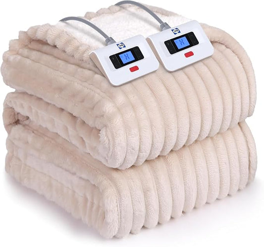 Sealy Electric Blanket Queen Size, Soft Ribbed Flannel to Sherpa Reversible Heated Blanket with Dual Control 10 Heat Settings & 1 to 12 Hours Auto-Off 84"x90" Machine Washable, Beige