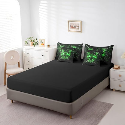 Erosebridal Gothic Bed in a Bag King Size Comforter Set 7 Pieces,Sugar Skull Spooky Bone Goth Bedding Set,Green Lightning Comforter and Sheet Set,Exotic Halloween Skeleton Decorations