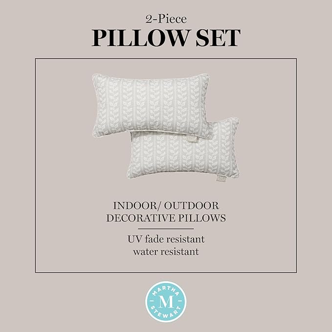 Martha Stewart Vineyard Vines Indoor Outdoor Decorative Lumbar Pillow 2-Pack Set, UV Fade Resistant, Water Repellent, Printed Garden Design, Warm Grey, 11"x18"