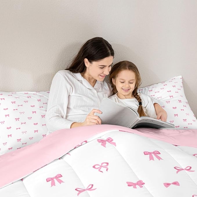 Erosebridal Bowknot King Bedding Set for Girls, Pink Bow Comforter, Ribbon Bow Knot Bedding for Teens Kids Women Bedroom Decor Coquette Princess Bowtie Quilt Comforter Soft 2 Pillowcases, Lightweight