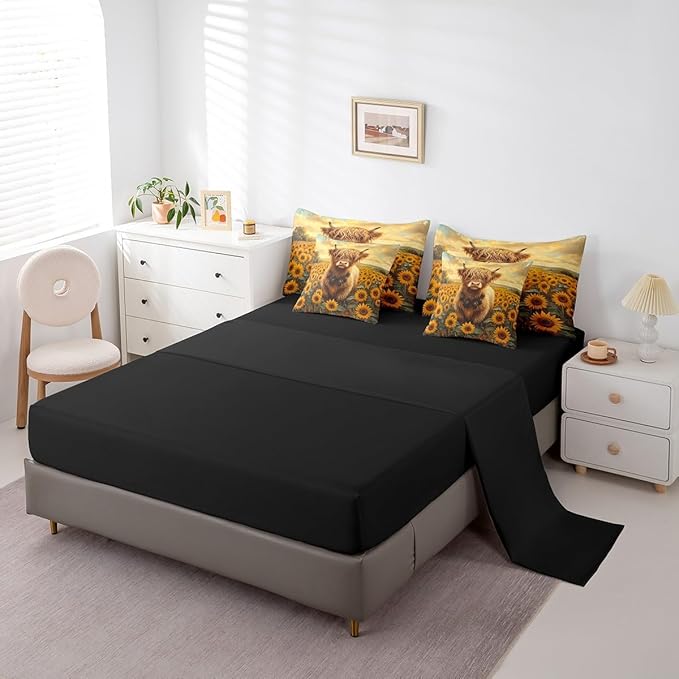 Erosebridal Highland Cow and Sunflowers Bedding Twin, Rustic Farmhouse Cows Print Bed Set, Sunflower Decor Farm Animal Comforter + Flat Sheet + Fitted Sheet + 2 Pillowcases + 2 Throw Pillow Covers