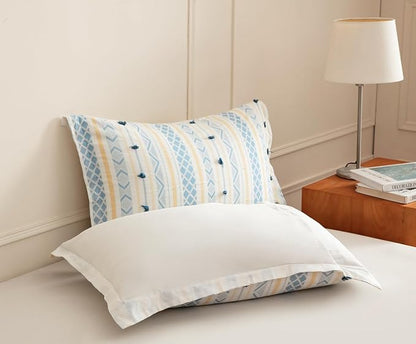 SLEEPBELLA Washed Double Layer Muslin 100% Cotton Comforter Set Queen Size, Yellow Blue Boho Fluffy Thick Checked Bedding Set, Soft Breathable (1 Comforter, 2 Pillow Shams)