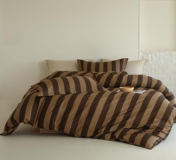 King Size Cotton Comforter Set, 3Pcs Brown Yellow Striped Duvet for All Seasons, Luxury Warmth Breathable Bedding Set with 1 Lightweight Comforter and 2 Pillow Shams