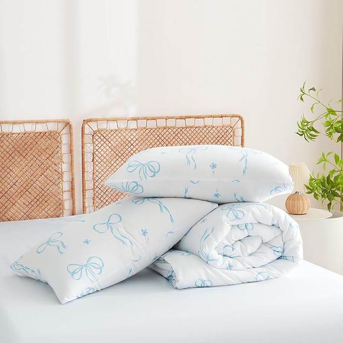 Comforter Set Full Size White - Blue Bow Quilt Bedding Set 3 Pieces, Comforter Set Full, Soft Lightweight Comforter(79‘’ x 90‘’) for Girl All Season & 2 Pillow Cases(30‘’x20‘’)