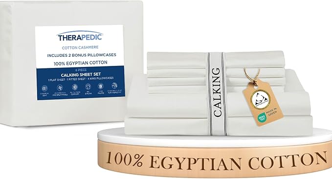 Therapedic 100% Egyptian Cotton California King 6-Piece Sheet Set – Naturally Cooling & Breathable Sateen, Preshrunk Garment Wash, 16" Deep Pocket Fitted Sheet, Bonus Pillowcases, Soft & Durable-White