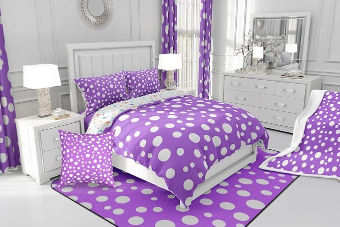 Manfei White Polka Dots Comforter Set Queen Size,Purple White Simple Geometric Circles Bedding Set 3 Pcs for Teens Adults,French Style Cute Dots Print Comforter,2 Pillowcases