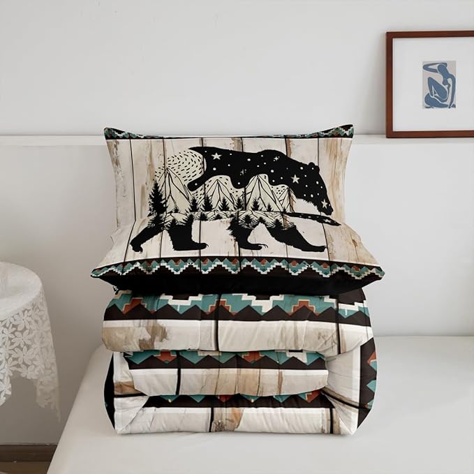 Feelyou Bear Bedding Set Wild Animal Hunt Comforter Set for Kids Boys Girls Boho Southwestern Comforter Rustic Wood Print Quilt Set Room 3Pcs Queen Size
