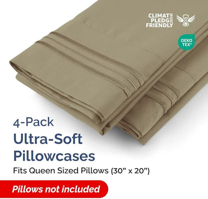Queen Pillow Cases Set of 4 - Ultra Soft Hotel Quality Pillowcase Covers - Comfy, Cozy & Wrinkle Free - Shrinkage, Stain and Fade Resistant - Machine Washable Pillow Protectors - 4 Piece Set - Khaki