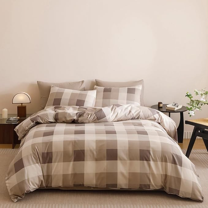 CLOTHKNOW Khaki Grey Gingham Plaid Queen Comforter Set Buffalo Check Bedding Comforter Sets Geometric Comforter Queen with 2 x Pillow Cases