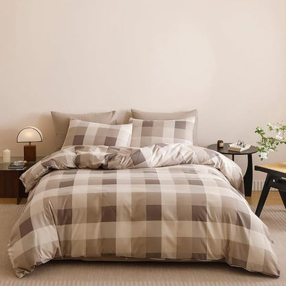 CLOTHKNOW Khaki Grey Gingham Plaid Queen Comforter Set Buffalo Check Bedding Comforter Sets Geometric Comforter Queen with 2 x Pillow Cases