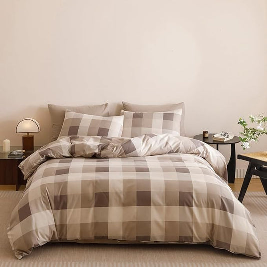 CLOTHKNOW Khaki Grey Gingham Plaid Queen Comforter Set Buffalo Check Bedding Comforter Sets Geometric Comforter Queen with 2 x Pillow Cases