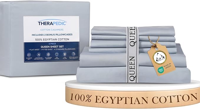 Therapedic 100% Egyptian Cotton Queen 6-Piece Sheet Set – Naturally Cooling & Breathable Sateen, Preshrunk Garment Wash, 16" Deep Pocket Fitted Sheet, Bonus Pillowcases, Soft & Durable - Light Blue