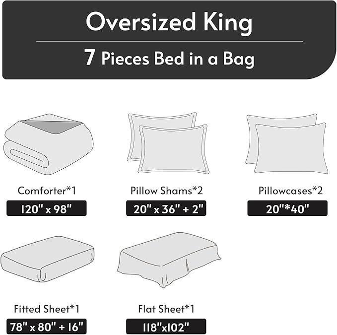 MUXHOMO 7 Pieces Oversized King Comforter Set, Reversible Bed in a Bag Oversized King Size, All Season Bedding Set with Comforter, Flat Sheet, Fitted Sheet, Pillowcases & Shams, Navy & Light Grey