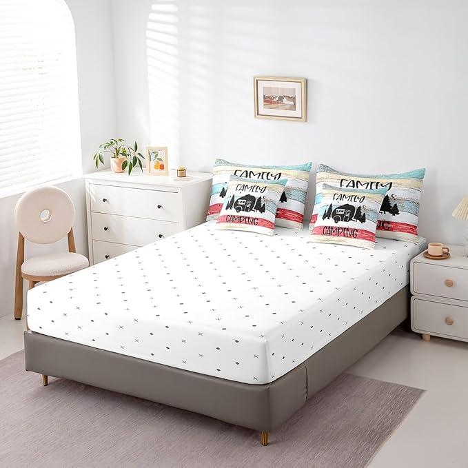 Erosebridal Happy Camping King Comforter Set Bed in a Bag Family Camping Rv Comforter Set with Wooden Style Sheets(1 Comforter, 1 Flat Sheet, 2 Pillowcases and 2 Throw Pillow Covers)
