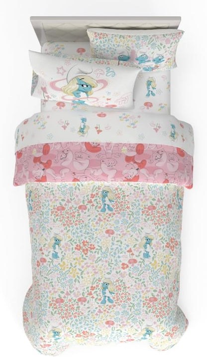 The Smurfs Smurfette Twin Bedding Set – 5 Piece Kids Super Soft Microfiber Reversible Comforter & Sheet Set - Pink, (Officially Licensed Product) by Franco