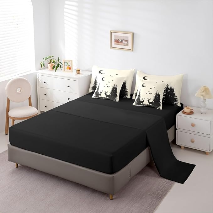 Erosebridal Queen Size Rustic Deer Comforter Set with Sheets 7 Pcs | Forest Cute Moose Wild Animal Bedding Set for Kids Boys Girls Farmhouse Cabin Lodge Bed in A Bag Tree Moon Woodland Quilt Sets
