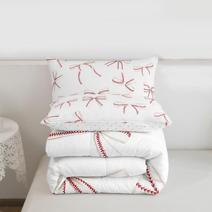 Bowknot Baseball Bedding Sets King Size,Red Lines White Bow Knot Comforter Set 3Pcs for Kids Girls Boys Women Room Decor,Baseball Sports Gaming Quilted Duvet Modern Soft Down Comforter,2 Pillowcases