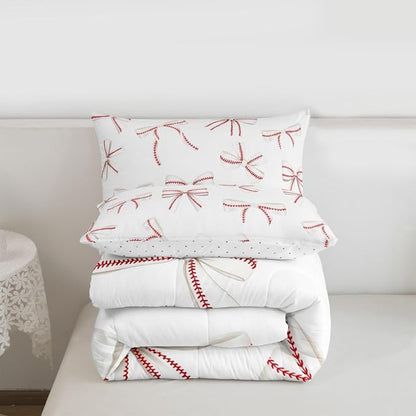 Bowknot Baseball Bedding Sets King Size,Red Lines White Bow Knot Comforter Set 3Pcs for Kids Girls Boys Women Room Decor,Baseball Sports Gaming Quilted Duvet Modern Soft Down Comforter,2 Pillowcases