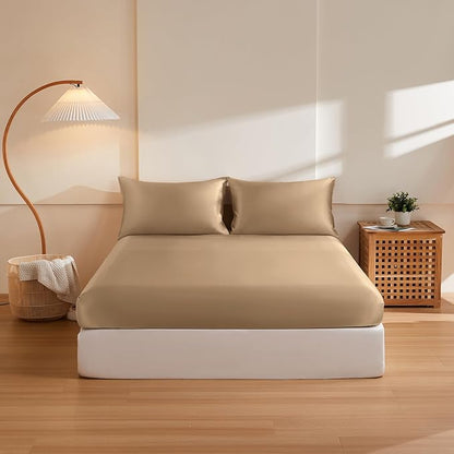 THXSILK 6A+ Top Grade 100% Pure Mulberry Silk Twin Fitted Sheet 3Pcs Set Bed Sheets Luxury Bedding for Hair and Skin, 1 Fitted Sheet with 2 Pillowcases Breathable Cooling Natural Materials, Taupe