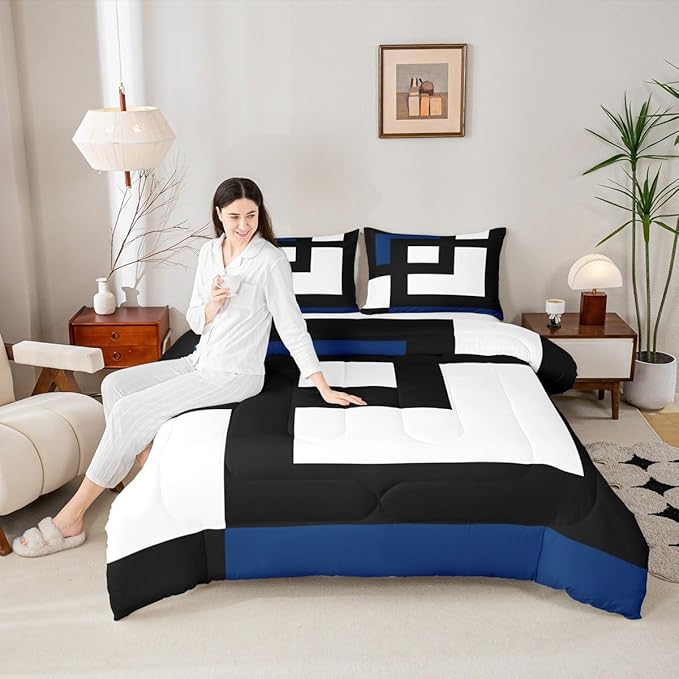Erosebridal Blue Black and White Striped Bedding Set Full Size Square Abstract Comforter Set for Adult Women Men Modern Geometric Stripes Bold Lines Bed Sets Minimalist Plaids Quilt Sets