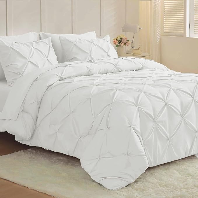JOLLYVOGUE King Size Comforter Set 7 Pieces - Bed in a Bag King for All Season, Pintuck Bedding Comforter Sets with Comforter, Flat Sheet, Fitted Sheet and Pillowcases & Shams, White