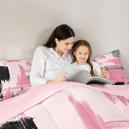 Erosebridal Girls Pink King Comforter Set Girly Abstract Pink and Black Comforter Set for Kids Teens Women Geometric Modern Bedding Sets Minimalists Striped Art Bed Sets for Adults Boys Men
