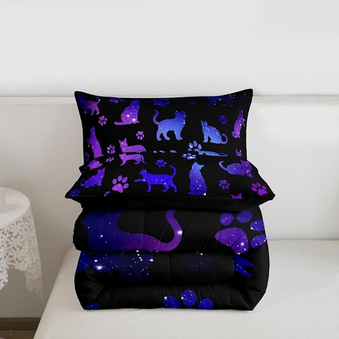 Erosebridal Cat Comforter Set Queen Lovers Bedding Cats Cartoon Silhouette Purple Blue Reversible Black Ombre Down Neon Pets Animal Paw Print Galaxy Slitter Stars Quilt For Kids Boys Girls,Multi 361