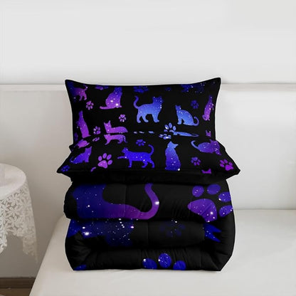 Erosebridal Cat Comforter Set King Cat Lovers Bedding Set Cats Cartoon Silhouette Purple Blue Reversible Black Ombre Down Comforter Neon Animal Paw Print Galaxy Slitter Stars Quilt Set For Kids