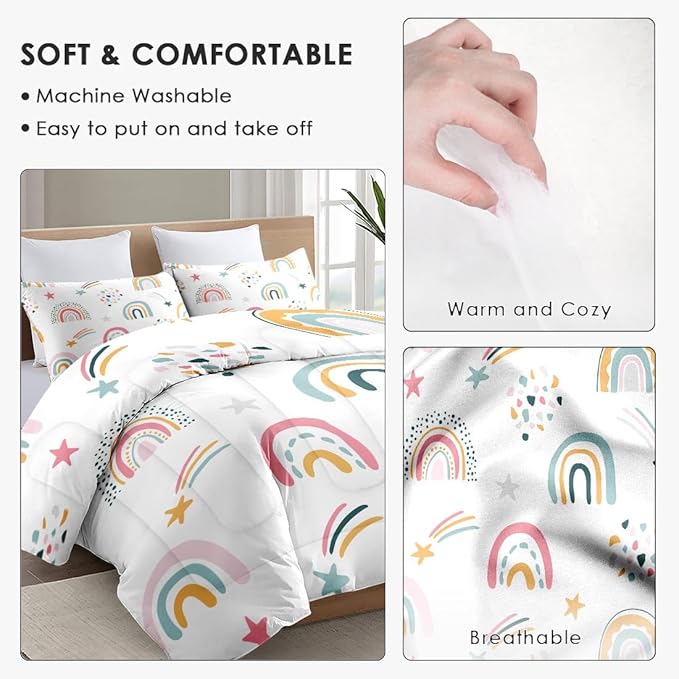 Full Size Comforter Set with 2 Pillowcases, Boho Rainbow Kids Cute Nursery Sweet Soft 3 Pcs Bedding for Kids and Adults Bedroom Bed Decor