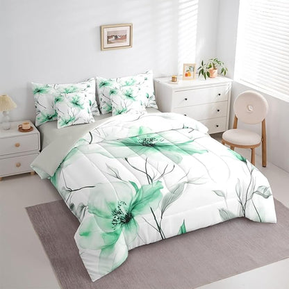 Erosebridal Green Flower Full 7 Pcs Bedding Set, Boho Floral Comforter Set with Sheets, Ink Painting Style Blossom & Leaf Bed in A Bag, Elegant Watercolor Floral Bed Sets for Adults Women Girls