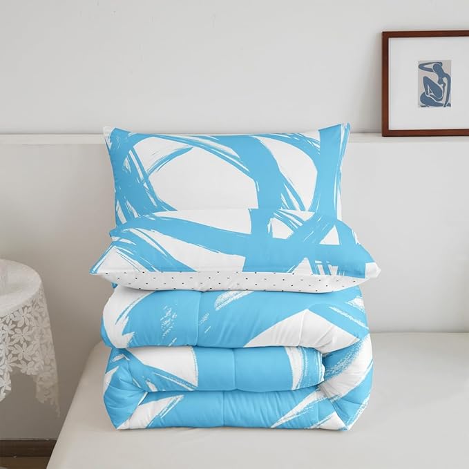 Erosebridal Blue and White Abstarct Toddler Bedding Set,Aesthetic Geometric Comforter Set for Minimalists,Graffiti Stripes Lines Quilt,Contemporary Boho Modern Art Duvet Insert for Minimalism