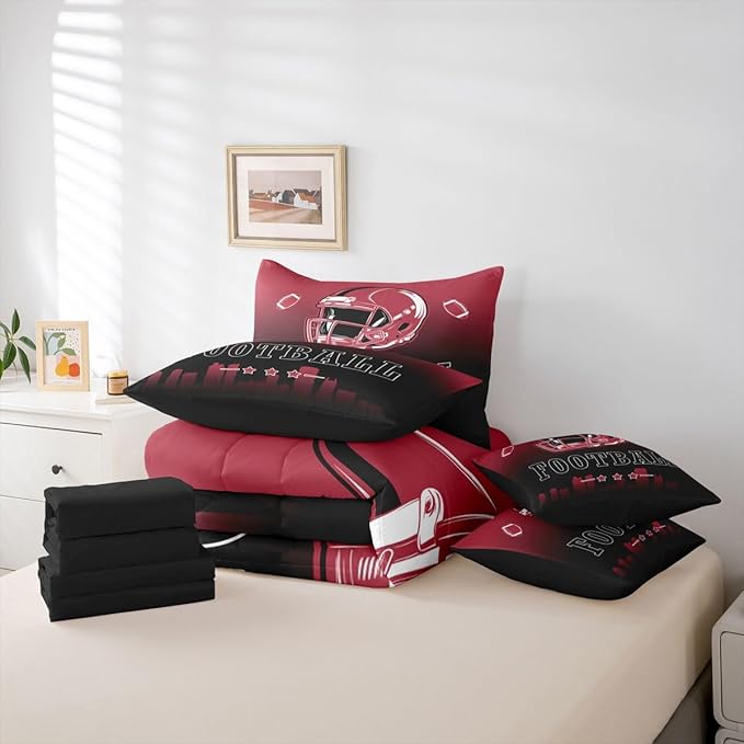Erosebridal American Soccer Boys King 7 Piece Bedding Set Football City Comforter Set with Sheets Sports Rugby Bed in A Bag for Kids Teen Adults,Red Black Ball Sports Games Bed Set