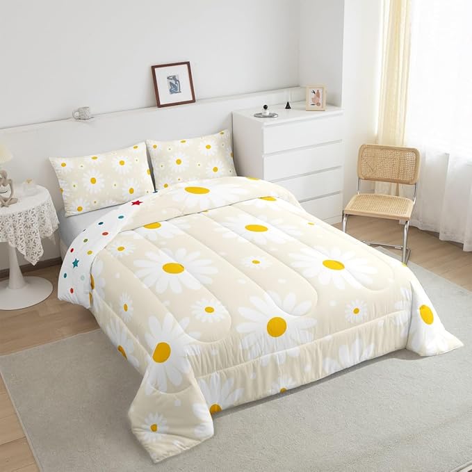 Erosebridal Beige Floral Comforter Cute Daisy Cream Toddler Bedding Set for Kids Teen Women,Botanical Theme Rustic Flowers Comforter Set White Daisy Floral Quilt Room Decor