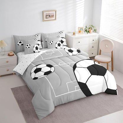 Erosebridal Football 7 Piece Bedding Set Queen Boys Sports Comforter Set with Sheets Soccer Ball Theme Playground Bed in a Bag Football Court Pattern Grey White for Kids Boys Girls