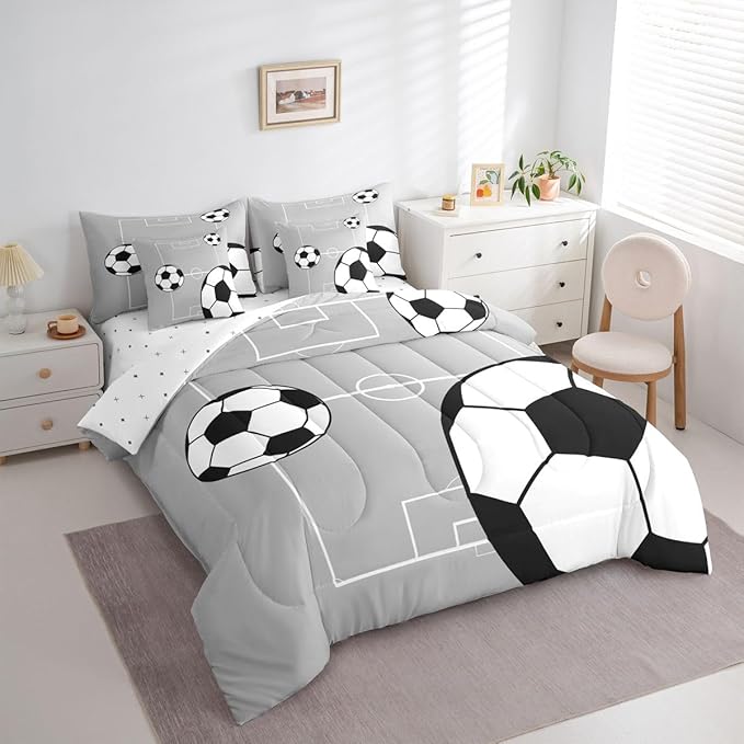Erosebridal Football 7 Piece Bedding Set Twin Boys Sports Comforter Set with Sheets Soccer Ball Theme Playground Bed in a Bag Football Court Pattern Grey White for Kids Boys Girls